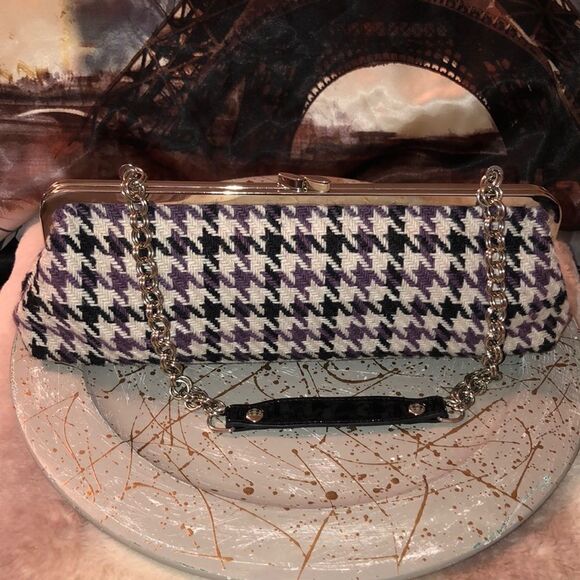 Apt. 9 Houndstooth Tweed Black Purple White With Silver Details Kissing Clutch - Picture 1 of 13